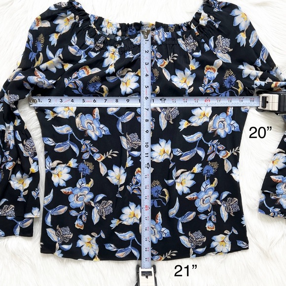 SOLD-WHBM Black Blue White Floral Print Off The Shoulder Bell Sleeve Peasant Top - Picture 8 of 8